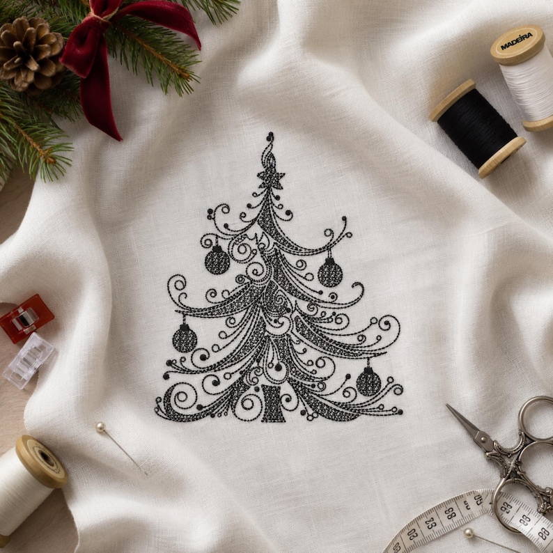 Elegant Christmas Tree Machine Embroidery Design, Filigree Xmas Digitized Stitch File for Small Business, Holiday Pattern PES DST image 16