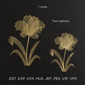 May include: Two gold embroidery designs of a stylized flower with leaves. The designs are available in 7 sizes and in two options. The file formats are .DST, .EXP, .XXX, .HUS, .JEF, .PES, .VIP, and .VP3.