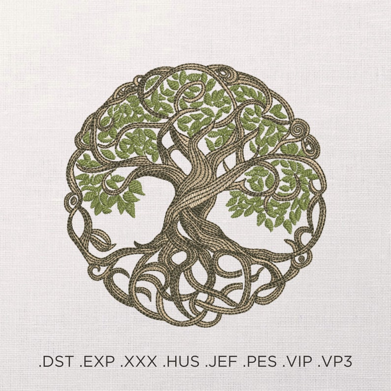 May include: A stylized green and brown embroidery design of a tree with intricate roots and branches. The tree is a symbol of life, growth, and connection.