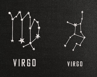 Puede incluir: Dos signos del zodíaco Virgo bordados en blanco sobre un fondo negro. El texto "VIRGO" está escrito debajo de cada signo. El texto ".DST .EXP .XXX .HUS .JEF .PES .VIP .VP3" está escrito debajo de los signos.