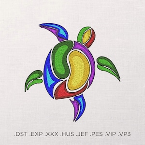 May include: A colorful abstract design of a turtle with blue, green, yellow, red, and purple accents. The turtle is stylized and has a simple, geometric design.