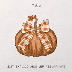 May include: An embroidered pumpkin design with a plaid bow and leaf accents. The pumpkin is orange with brown shading, and the bow features a white and orange plaid pattern. The text "7 sizes" is above the pumpkin.