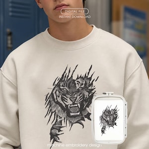 Roaring Tiger Embroidery Design, Tiger Scratch Effect Sweatshirt Embroidery, Streetwear Embroidery, Tattoo Style Tiger PES DST