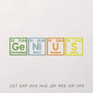 Lettering GENIUS Machine embroidery design - Periodic table embroidery files - Chemical elements embroidery files - 4 sizes