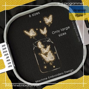 Magic Jar with Butterflies on a black background Machine Embroidery Design - Butterflies in a jar embroidery files - 6 sizes