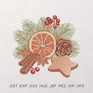 Kerst peperkoek borduurontwerp, feestelijke compositie borduurpatroon, kaneelstokjes PES borduurwerk, vakantie servetten borduurwerk