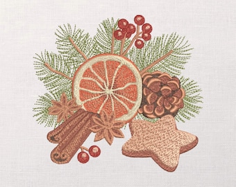 Christmas Gingerbread Embroidery Design, Festive Composition Embroidery Pattern, Cinnamon Sticks PES Embroidery, Holiday Napkins Embroidery