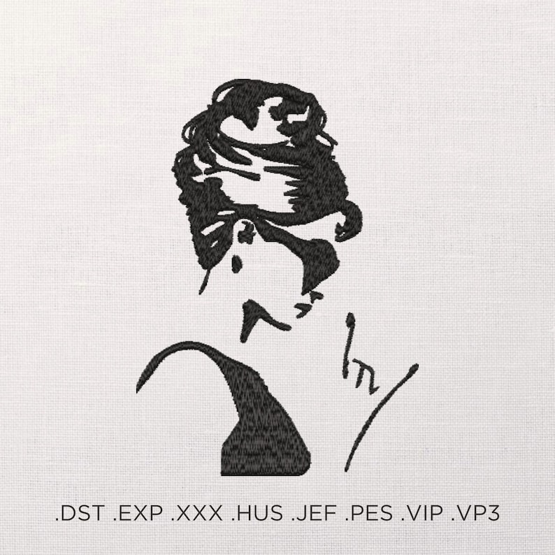 May include: Black and white line art illustration of a woman with her hair styled in a bun and wearing sunglasses. The image is a simple silhouette with a minimalist style.