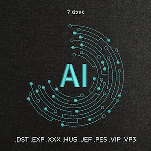 May include: A turquoise blue AI logo with a circular design of connected lines. The logo is available in 7 sizes and in the following file formats: DST, EXP, XXX, HUS, JEF, PES, VIP, VP3.
