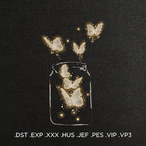 May include: A glass jar with a white outline filled with glowing butterflies. The jar is surrounded by more glowing butterflies on a black background.