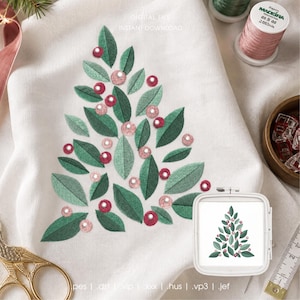 かわいい植物柄のクリスマスツリーのミシン刺繍デザイン、冬の葉のステッチファイル（小規模ビジネス向け）、クリスマスパターン PES DST