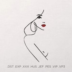 以下が含まれることがあります： 赤い唇をした女性の顔の線画。女性の髪は1本の線で描かれており、彼女は右を見ています。絵は白黒で白い背景に描かれています。