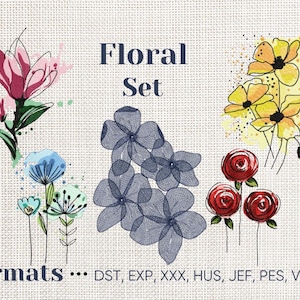 May include: A set of five floral embroidery designs in various colors, including pink, blue, yellow, and red. The designs are outlined in black and have a watercolor effect. The text "Floral Set" and "Formats... DST, EXP, XXX, HUS, JEF, PES, VIP, VP3" is also included in the image.