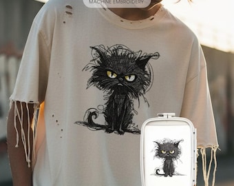 不機嫌そうな黒猫の機械刺繍デザイン｜スケッチアート風落書き猫刺繍ファイル｜面白い猫の刺繍 PES DST｜7サイズ即時ダウンロード