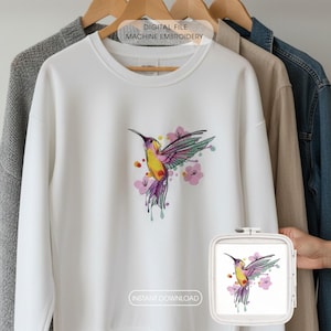 Watercolor Hummingbird Machine Embroidery Design for Summer Clothing, Bird of Paradise Floral Pattern, Colorful Artistic Digital Embroidery