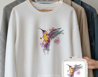 Watercolor Hummingbird Machine Embroidery Design for Summer Clothing, Bird of Paradise Floral Pattern, Colorful Artistic Digital Embroidery