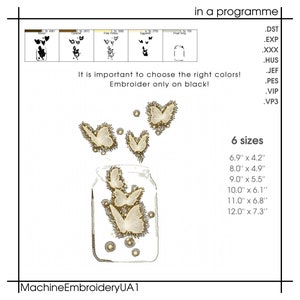 May include: A digital embroidery design of a mason jar with butterflies flying out of it. The design is available in six sizes, ranging from 6.9 inches by 4.2 inches to 12 inches by 7.3 inches. The text "It is important to choose the right colors! Embroider only on black!" is included in the image.