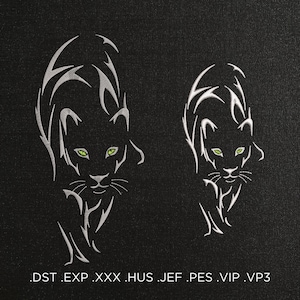 Könnte beinhalten: Zwei stilisierte schwarze Panther-Silhouetten mit grünen Augen auf schwarzem Hintergrund. Der größere Panther ist links und der kleinere rechts. Der Text '.DST .EXP .XXX .HUS .JEF .PES .VIP .VP3' befindet sich am unteren Rand des Bildes.