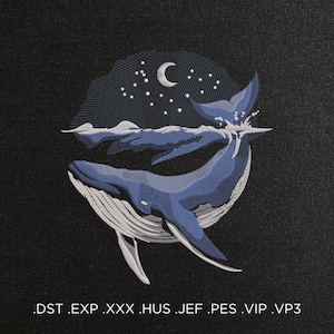 May include: A blue whale jumps out of the water, with a crescent moon and stars in the night sky above. The whale's tail is in the air, and its body is curved into a circle. The image is in a circular frame.