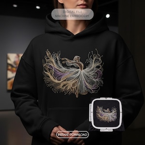 Diseño de bordado a máquina de bailarina, elegante patrón de contorno de bailarina para sudadera con capucha negra, archivo digital de bordado grande de 10 pulgadas en dorado y lavanda.