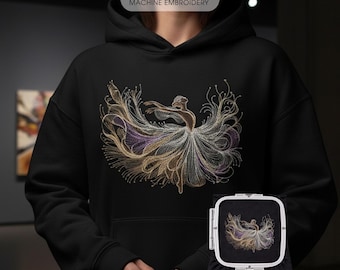 Diseño de bordado de bailarina, patrón de contorno de bailarina de ballet para sudadera oscura, archivo de bordado a máquina PES DST, descarga en varios tamaños.