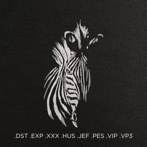 Zebra Machine Embroidery Design - Zebra White on Black Background - Zebra in the Light - 5 Sizes - Instant Download