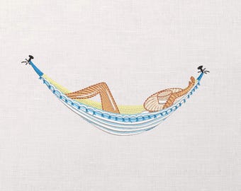 Woman in Hammock Machine Embroidery Design, Summer Relax Embroidery, Beach Vacation Embroidery File, Lounge Girl Stitch, Towel Embroidery