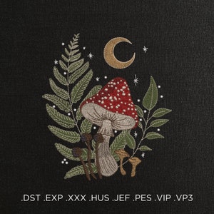 May include: Embroidered design of a red and white mushroom with white spots, surrounded by green leaves and a crescent moon. The design is on a black background with white stars.