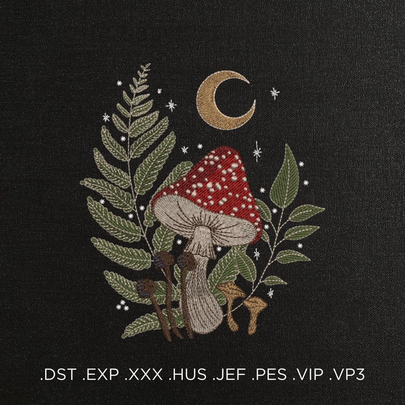 May include: Embroidered design of a red and white mushroom with white spots, surrounded by green leaves and a crescent moon. The design is on a black background with white stars.