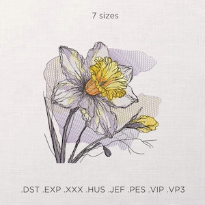 Disegno per ricamo a macchina con narcisi, motivo floreale estivo, file per ricamo con fiori acquerellati, elegante ricamo per borsa tote