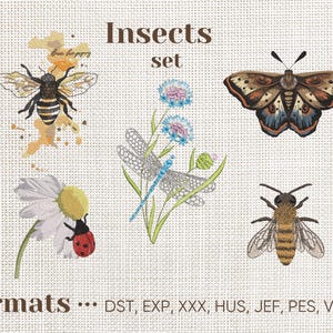 May include: An insect-themed design set featuring illustrations of a bee, butterfly, dragonfly, ladybug, and flowers. The text "Insects set" and "bee happy" are included. The image also lists embroidery formats: DST, EXP, XXX, HUS, JEF, PES, VIP, VP3.