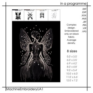 May include: A black and white machine embroidery design of a fairy with wings spread. The design is called "Complex design. Embroidered only on black fabric. Average density." and comes in 8 sizes ranging from 5.0 inches by 3.0 inches to 12.0 inches by 7.2 inches.