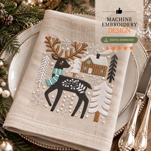Scandinavian Christmas Deer Machine Embroidery Design, Winter Reindeer File