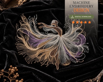 May include: A machine embroidery design featuring a stylized dancer in a flowing dress made of intricate gold, silver, and purple threadwork. The text reads MACHINE EMBROIDERY DESIGN and DIGITAL DOWNLOAD, accompanied by five orange star icons.