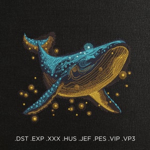 Puede incluir: Una ballena azul y dorada sobre un fondo estrellado. La ballena está estilizada y parece estar hecha de bordado. El texto en la parte inferior de la imagen dice: .DST .EXP .XXX .HUS .JEF .PES .VIP .VP3