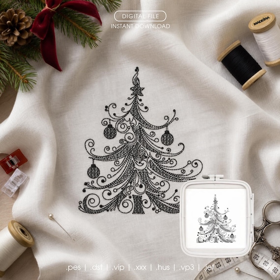 Elegant Christmas Tree Machine Embroidery Design, Filigree Xmas Digitized Stitch File for Small Business, Holiday Pattern PES DST
