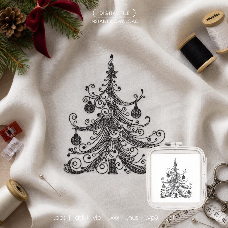 Digital preview of an elegant filigree Christmas tree machine embroidery design with detailed swirls and holiday ornaments, monochrome 1 color digitized stitch file for commercial hoop production.