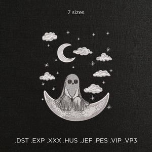 May include: Embroidered design featuring a ghost sitting on a crescent moon, surrounded by clouds and stars. The design is in white thread on a black background. The text "7 sizes" is at the top, and file type extensions are at the bottom.