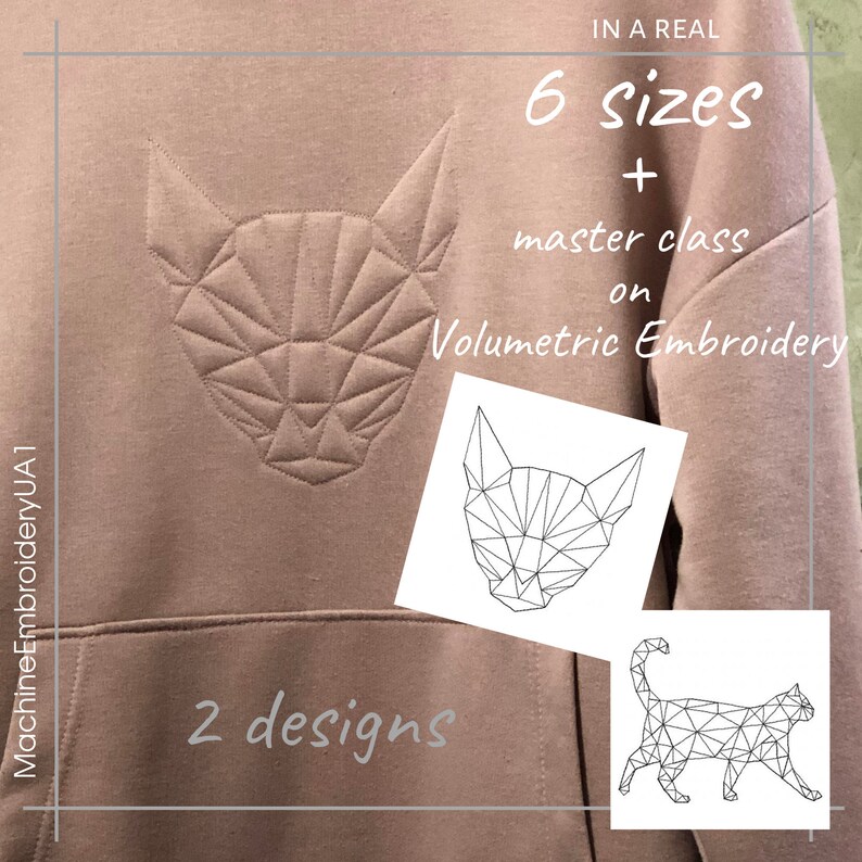 K&ouml;nnte beinhalten: Ein rosa Hoodie mit einem geometrischen Katzendesign, das auf der Vorderseite gestickt ist. Das Bild zeigt auch zwei Schwarzwei&szlig;-Zeichnungen von geometrischen Katzen, eine sitzend und eine gehend. Der Text "6 Gr&ouml;&szlig;en + Meisterkurs &uuml;ber Volumenstickerei" ist in Schwarz auf wei&szlig;em Hintergrund geschrieben. Der Text "2 Designs" ist in Wei&szlig; auf dem rosa Hoodie geschrieben.