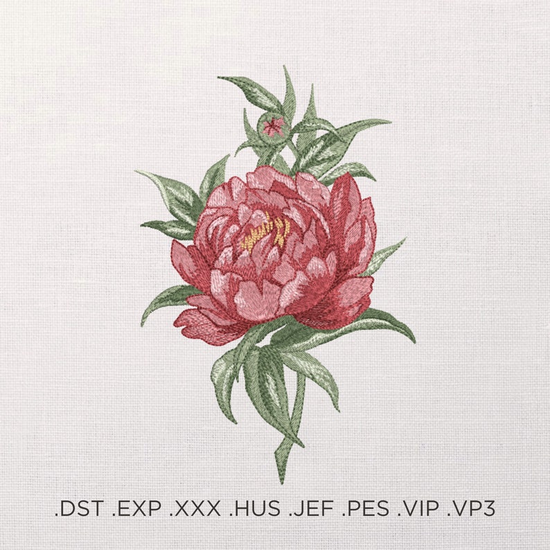 Peony Machine Embroidery Design - Artistic Embroidery - 8 sizes - Instant Download - 2 in 1 image 1