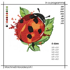 Może przedstawiać: Czerwona biedronka z czarnymi kropkami na zielonym liściu z czerwonymi i czarnymi plamami farby. Obraz zawiera tekst "MachineEmbroideryUA1" i "in a programme" oraz listę 6 rozmiar&oacute;w w calach.
