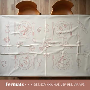 Puede incluir: Un mantel blanco con un diseño de contorno rojo de un cubierto, que incluye platos, cubiertos y alimentos como espárragos y langosta. El texto "Formats..." y los tipos de archivo están en la parte inferior.