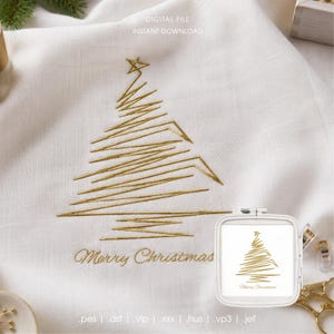 ゴールドのクリスマスツリーのミシン刺繍デザイン、小規模ビジネス向けの幾何学的な波線ステッチファイル、リネンパターンPES DST