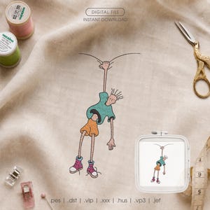 Op de afbeelding: Een borduurontwerp met een stripfiguur in een groenblauw t-shirt en oranje korte broek die aan een lijn hangt. Het ontwerp bevat de tekst DIGITAL FILE INSTANT DOWNLOAD en de bestandsformaten .pes .dst .vip .xxx .hus .vp3 .jef.
