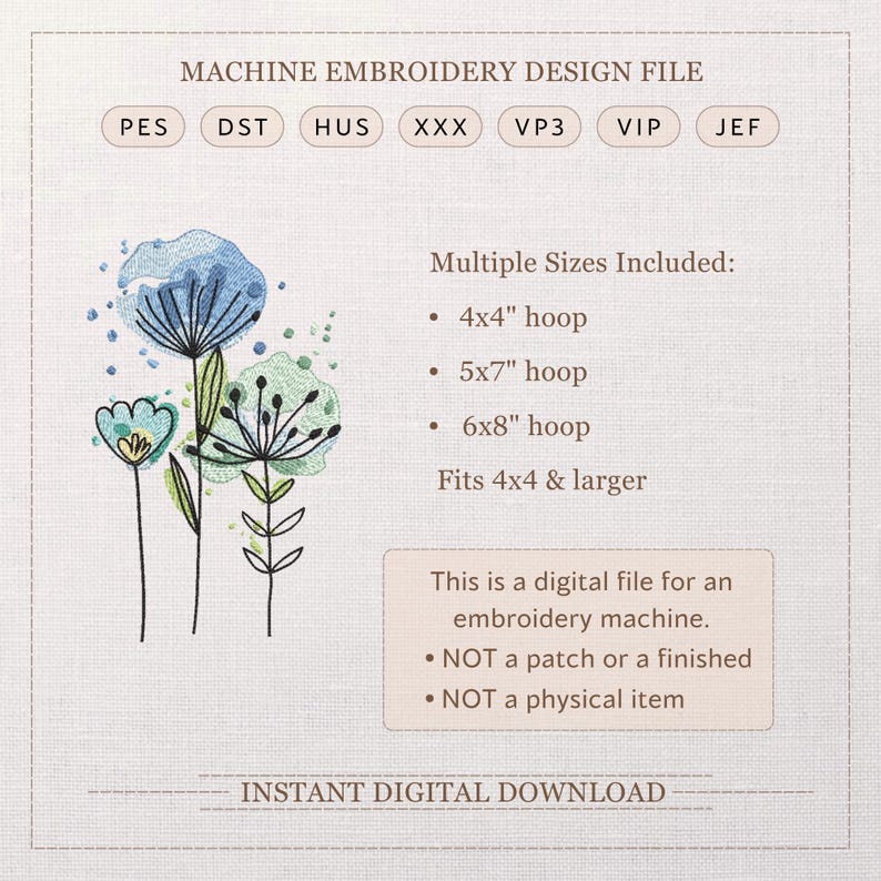Floral Machine Embroidery Design - Watercolor Embroidery Files - Digitized Flower Embroidery - 8 Sizes - Instant Download image 2
