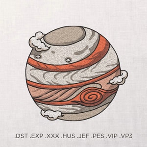 Può includere: Un'illustrazione stilizzata di un pianeta con strisce e vortici arancioni e marroni. Il pianeta è circondato da nuvole bianche.