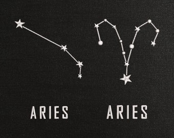 Puede incluir: Un fondo negro con un contorno blanco de la constelación de Aries. El texto "ARIES" está escrito dos veces en blanco debajo de la constelación.