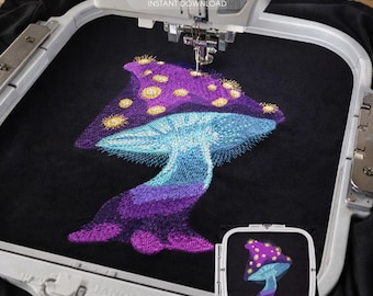 Borduurpatroon van een magische paddenstoel, fantasievol paddenstoel borduurpatroon voor de borduurmachine, psychedelisch paddenstoel borduurwerk, cottagecore borduurpatroon