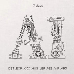 May include: A black and white illustration of the letters "AI" designed to look like a robot or machine. The letters are made up of gears, pipes, and other mechanical parts. The text "7 sizes" and ".DST .EXP .XXX .HUS .JEF .PES .VIP .VP3" are also included in the image.