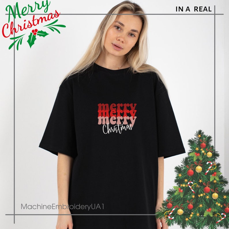 May include: A black short-sleeved t-shirt featuring the text merry merry merry Christmas in stacked red and pink wavy lettering. The design is centered on the chest of the garment. The shirt has a crew neckline and a relaxed fit.